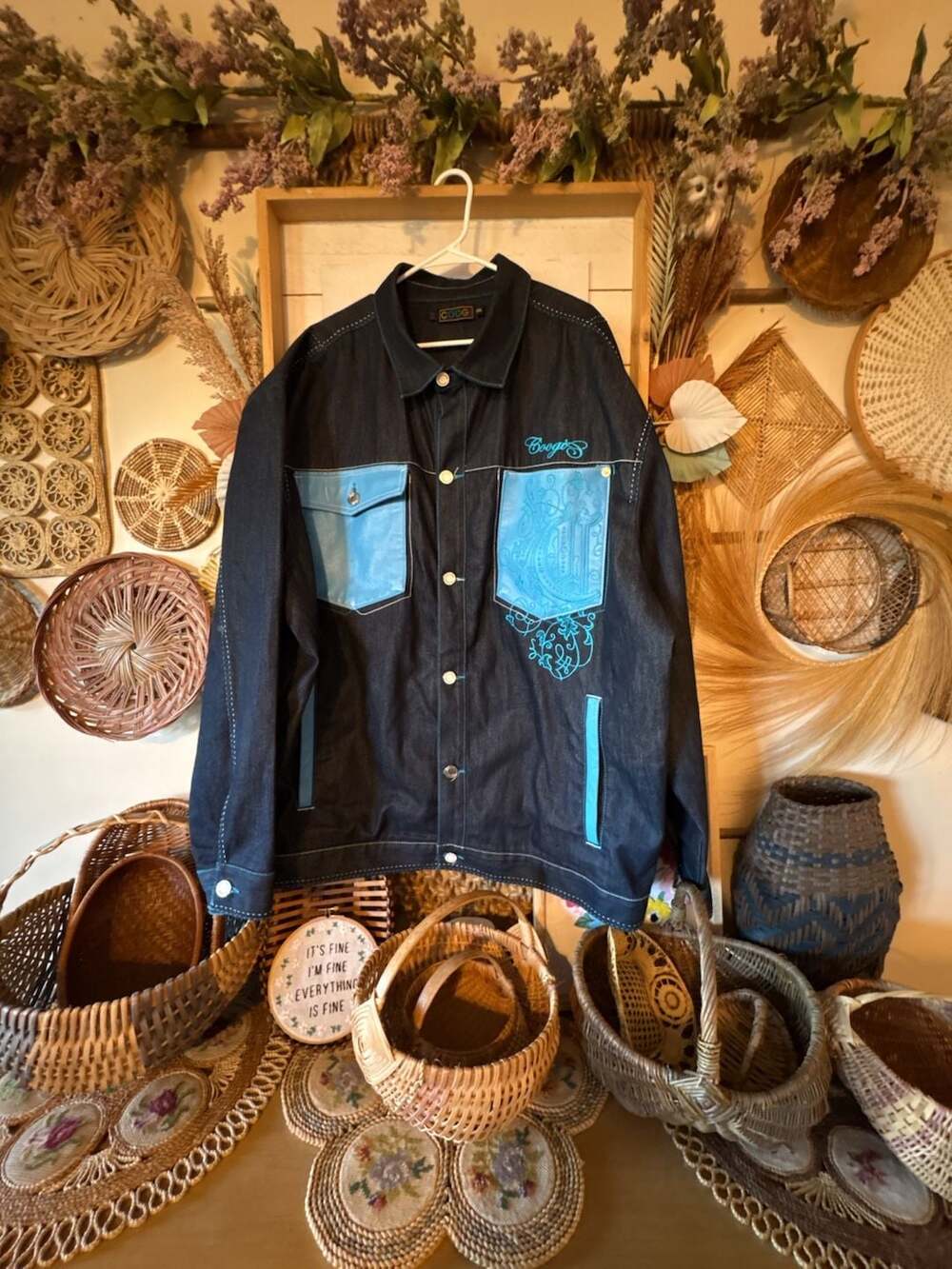 COOGI Dark Denim Jacket with Light Blue Leather Accents and Back Logo 5XL